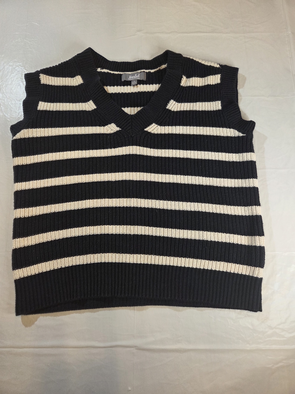 Marled Black and Cream Striped V-Neck Sweater Vest